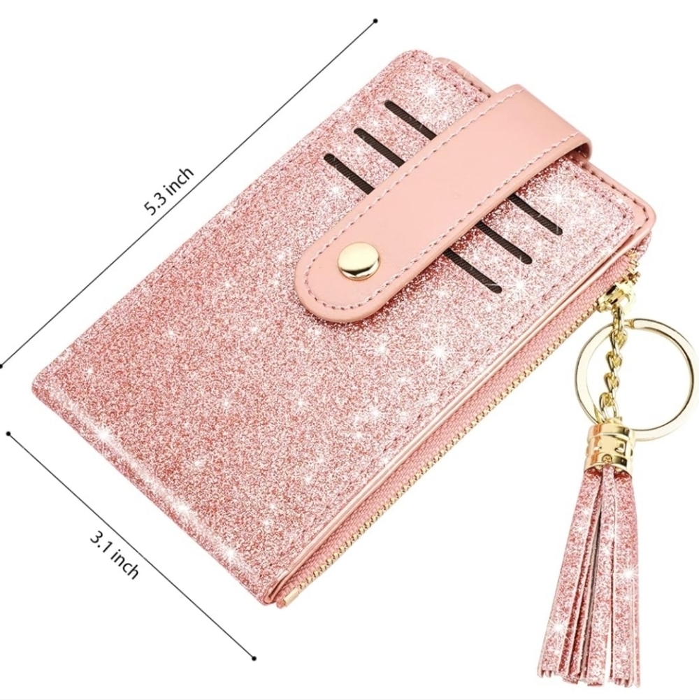 Glitter Pink Card Holder with Tassel Keychain